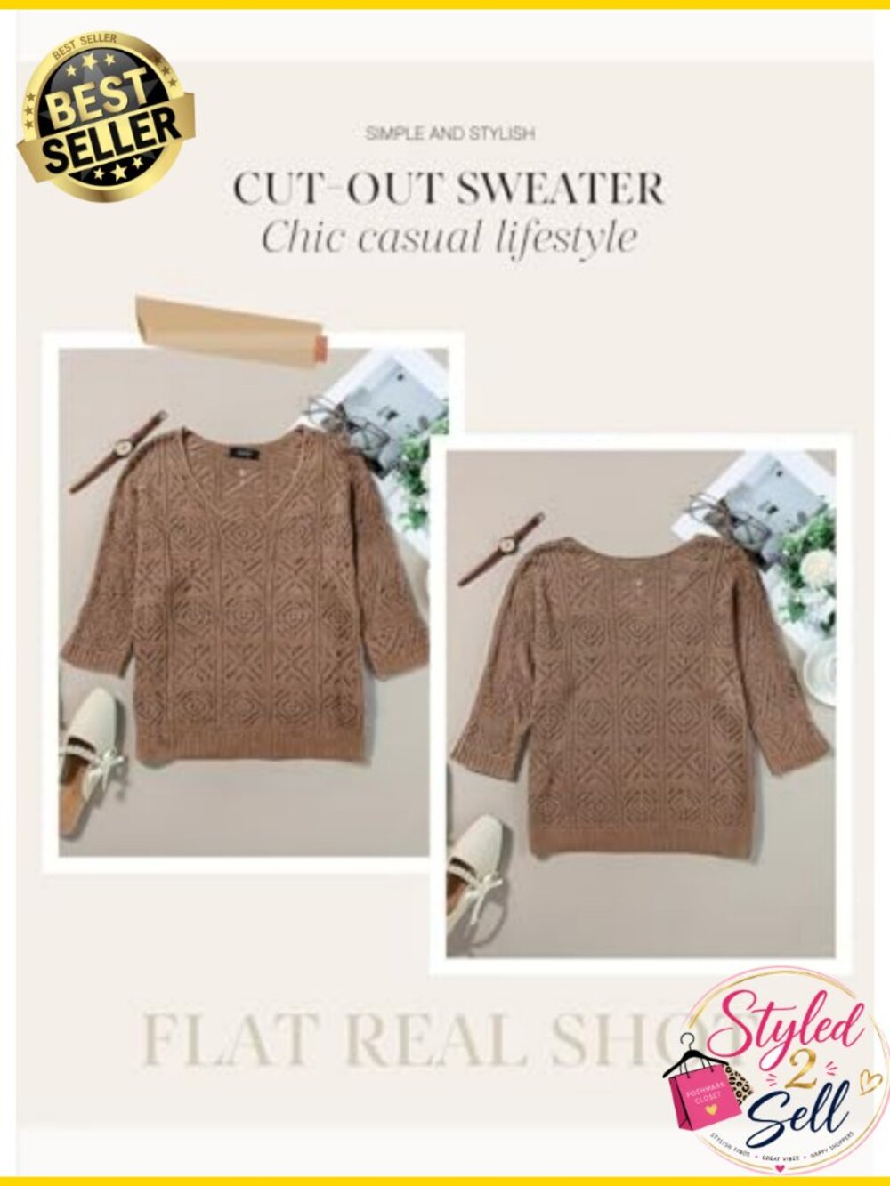 Dokotoo Crochet Hollow Out 3/4 Sleeve Pullover Sweater Off Shoulder Top - Picture 3 of 6